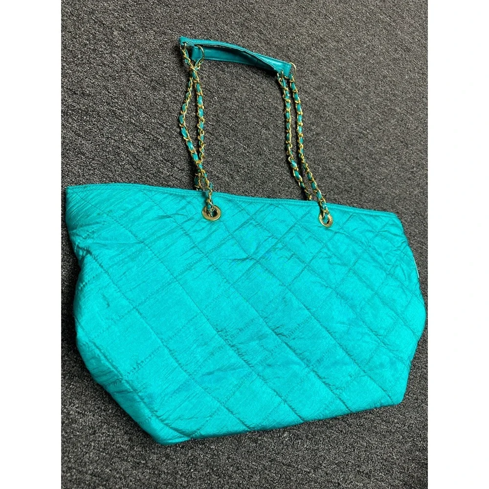 Vintage 80's Babies Alley Diaper Bag Quilted Teal Green Retro Tote Chain Straps